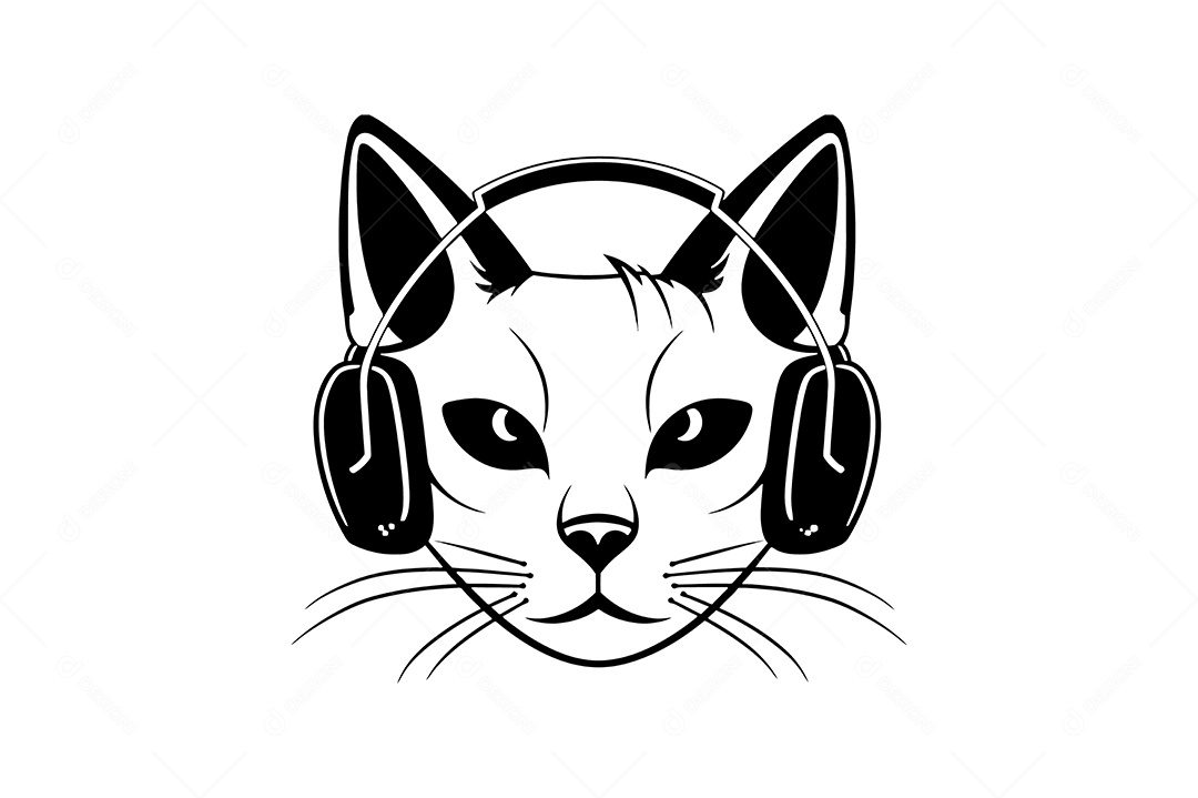Modelo de Logo Gato com Fones de Ouvido Desenho Vetor EPS + AI Editável