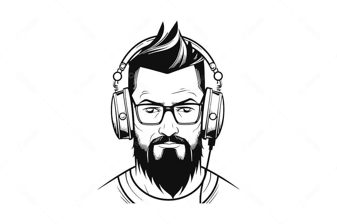 Modelo de Logo Homem de Barba Usando Fones Desenho Vetor EPS + AI Editável