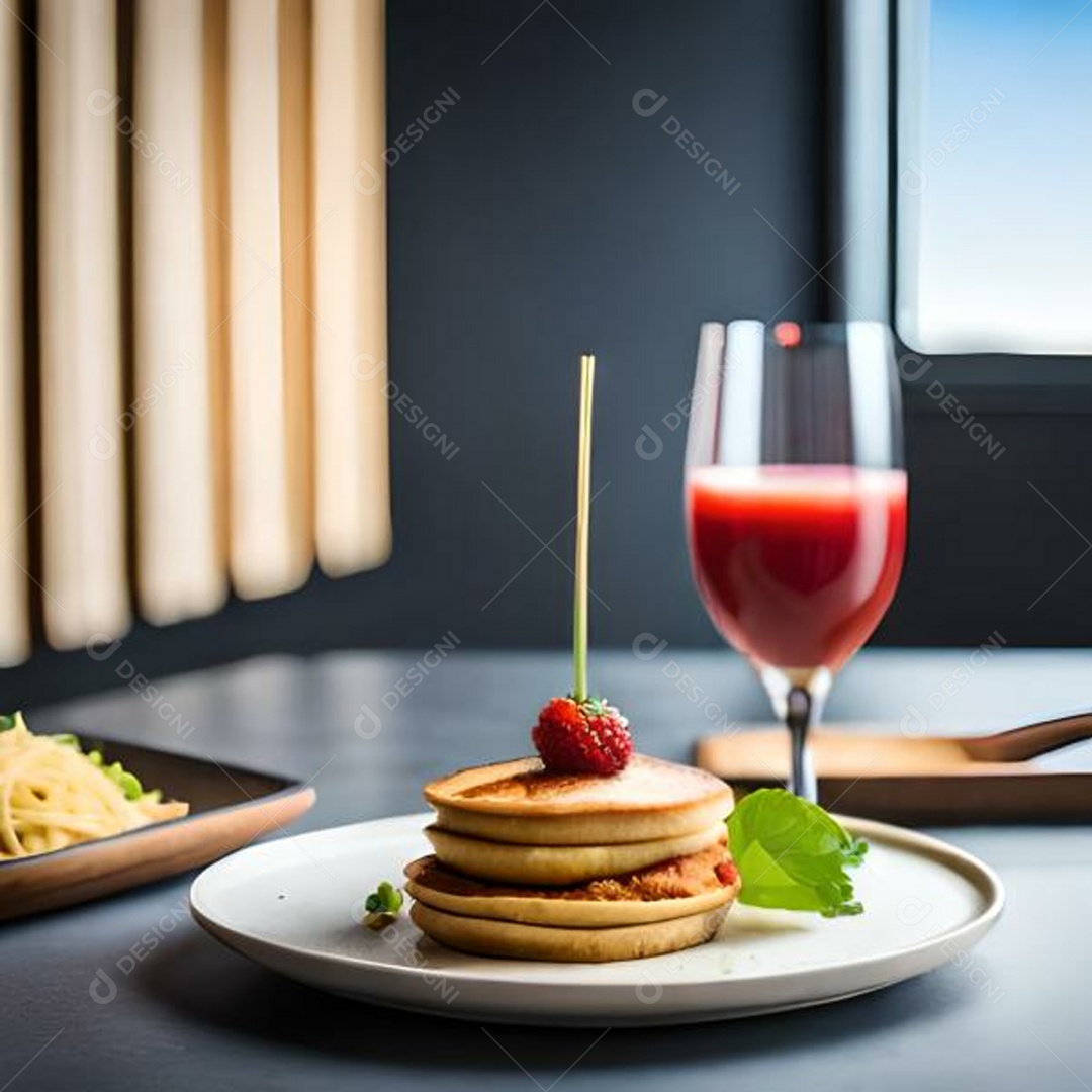 Panquecas doce delicioso com frutas e suco ao fundo