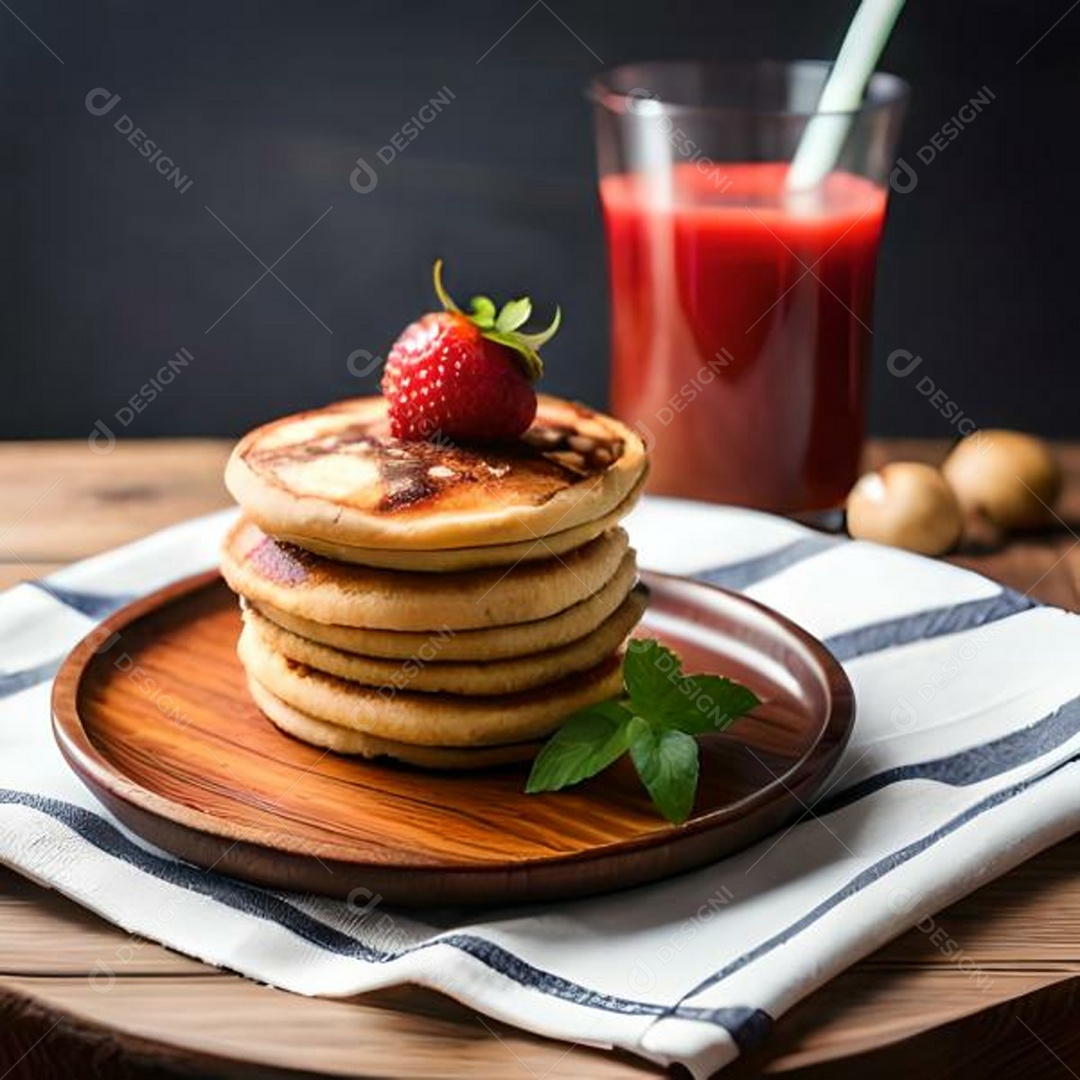 Deliciosas panquecas com motrango em cima e suco ao fundo