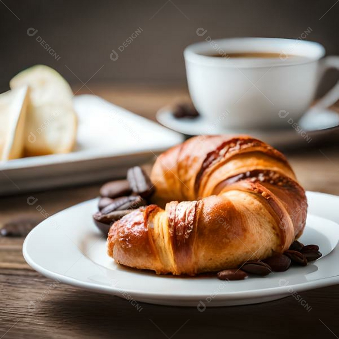 Croissaint bem delicioso com fundo de uma xícara de cappuccino