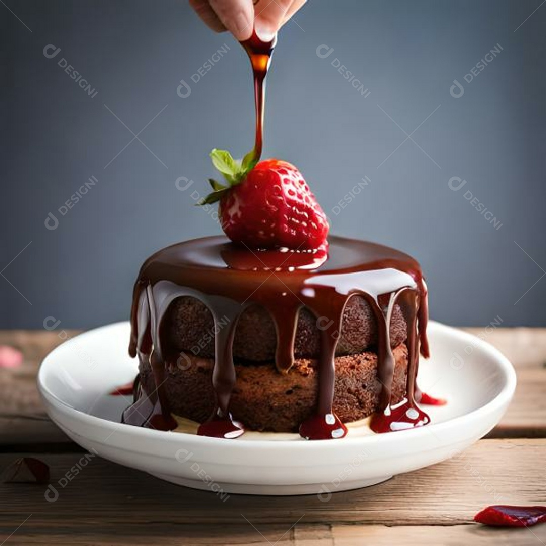 Bolo de chocolate e morango sobre uma louça branca