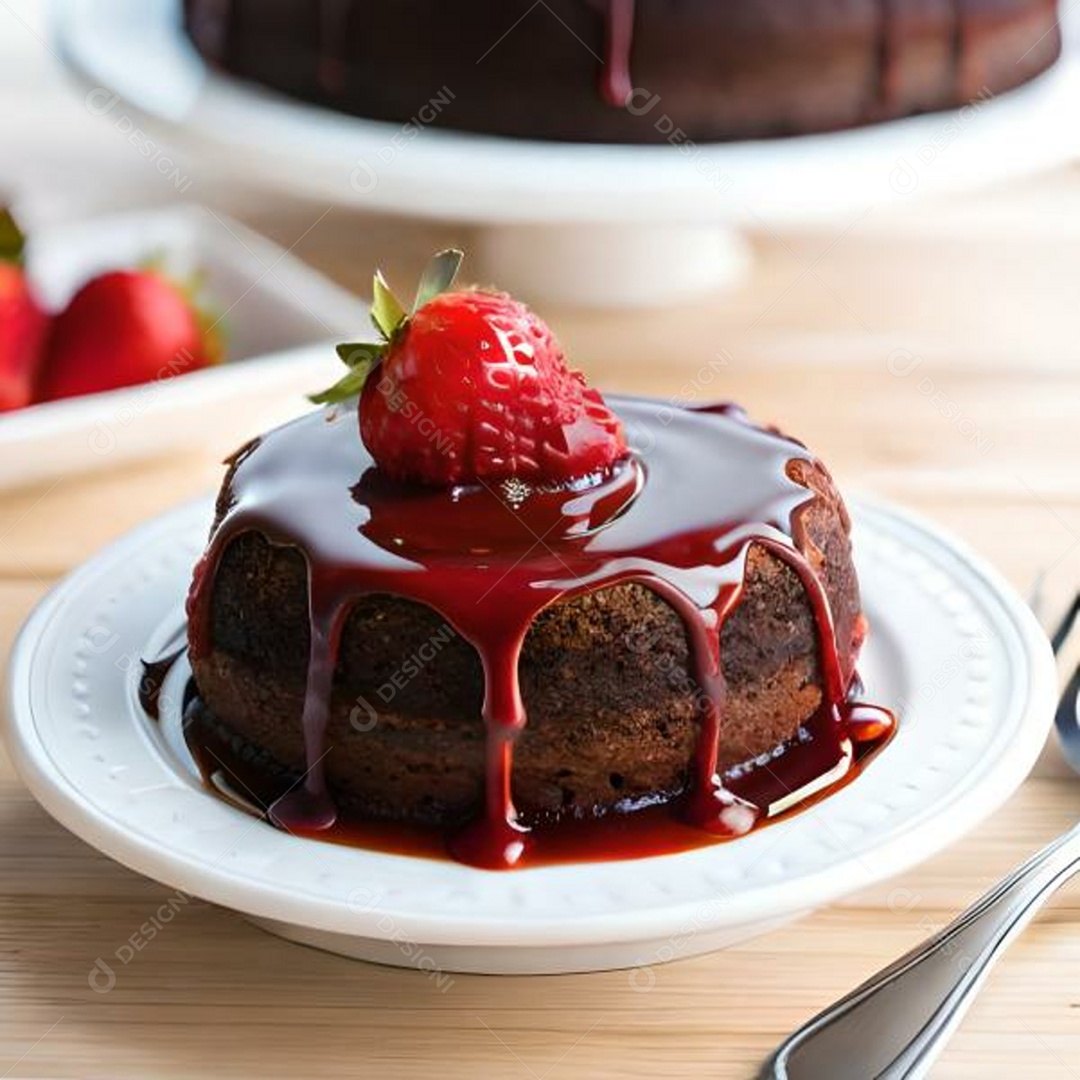 Bolo de chocolate e calda de morango