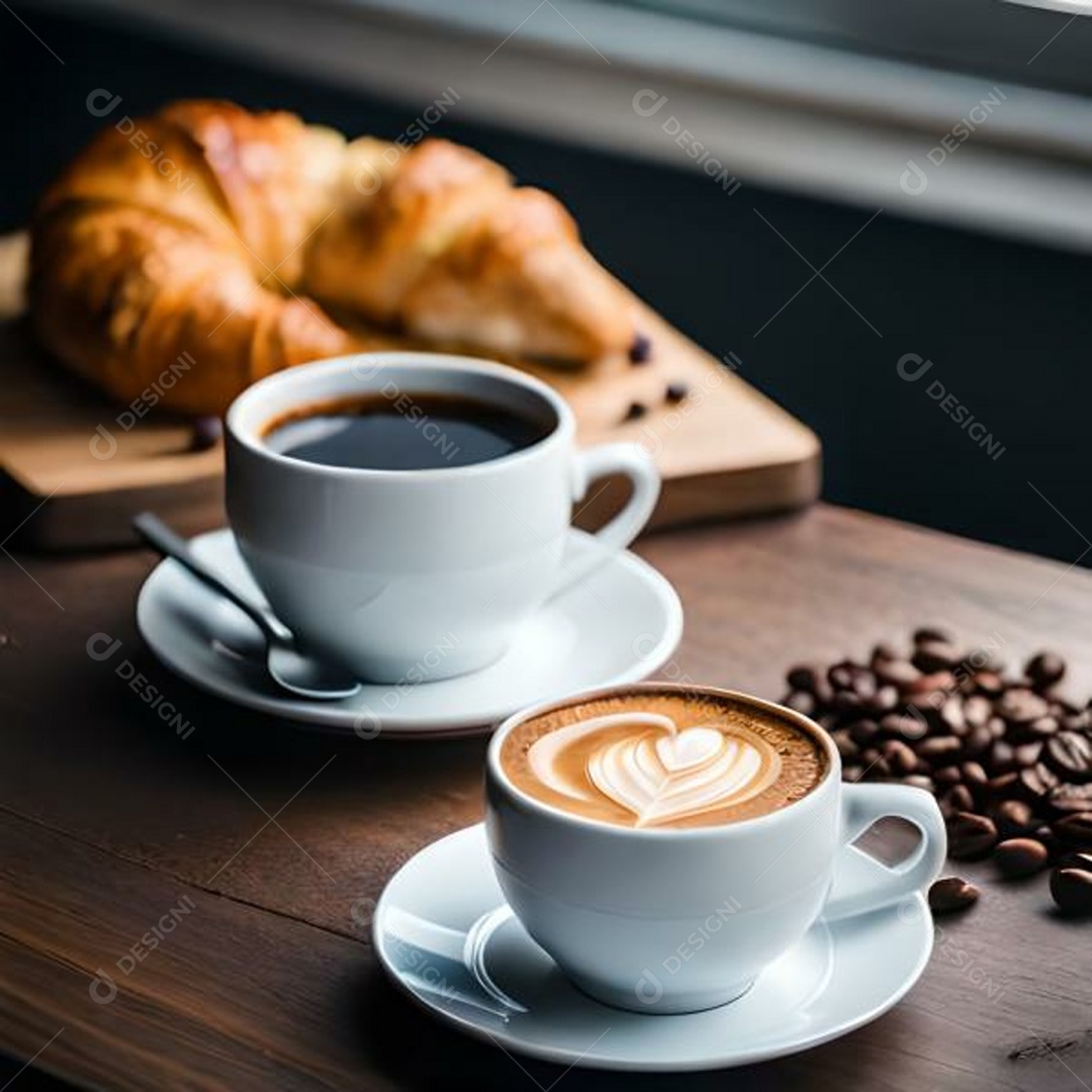 Xícaras com café e cappuccino e croissaint delicioso para lanche