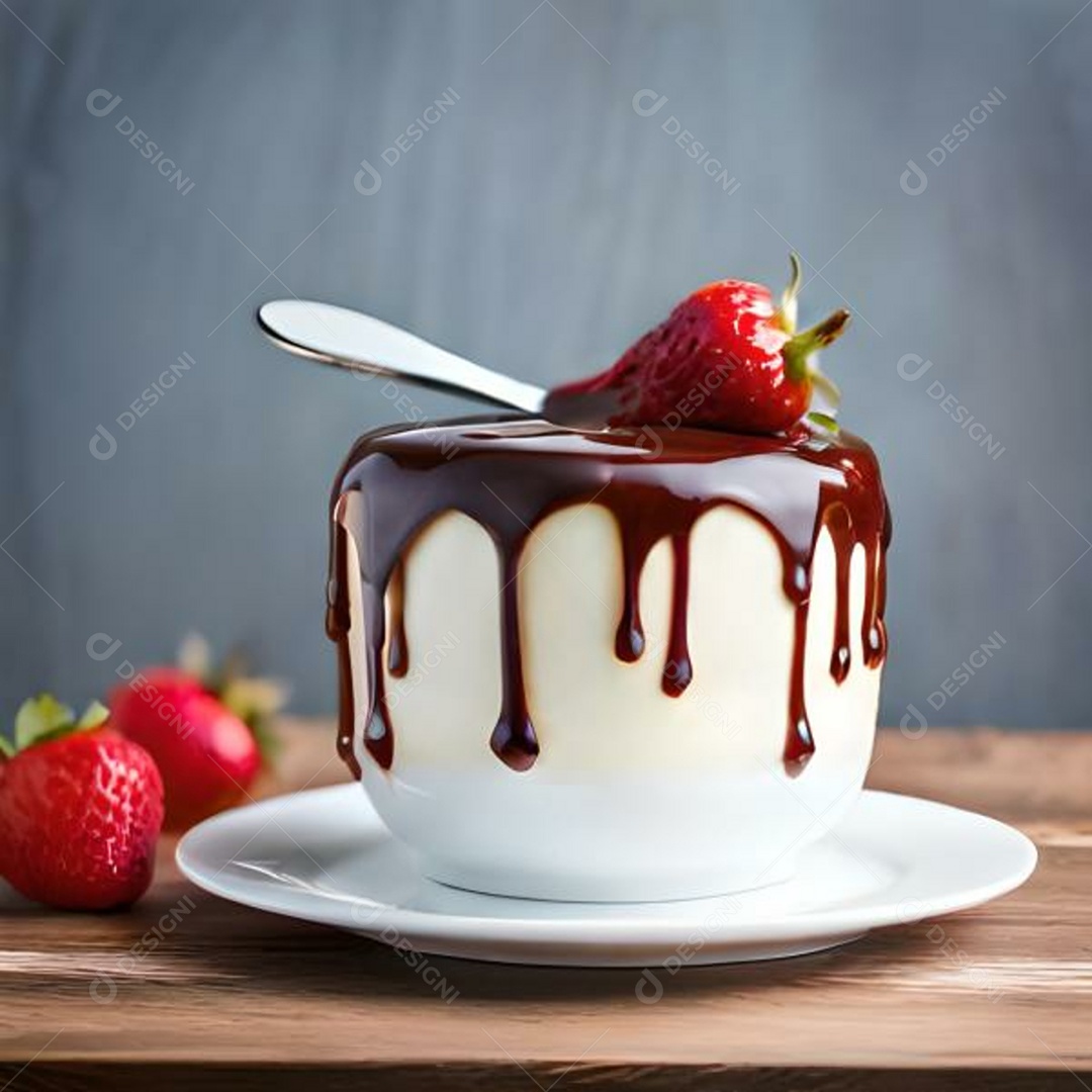 Mini bolo de baunilha com cobertura e morangos em cima