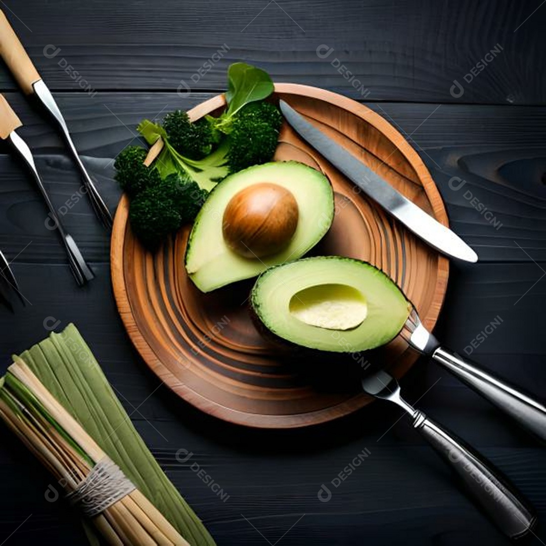 Prato rústico de madeira com abacate partido ao meio