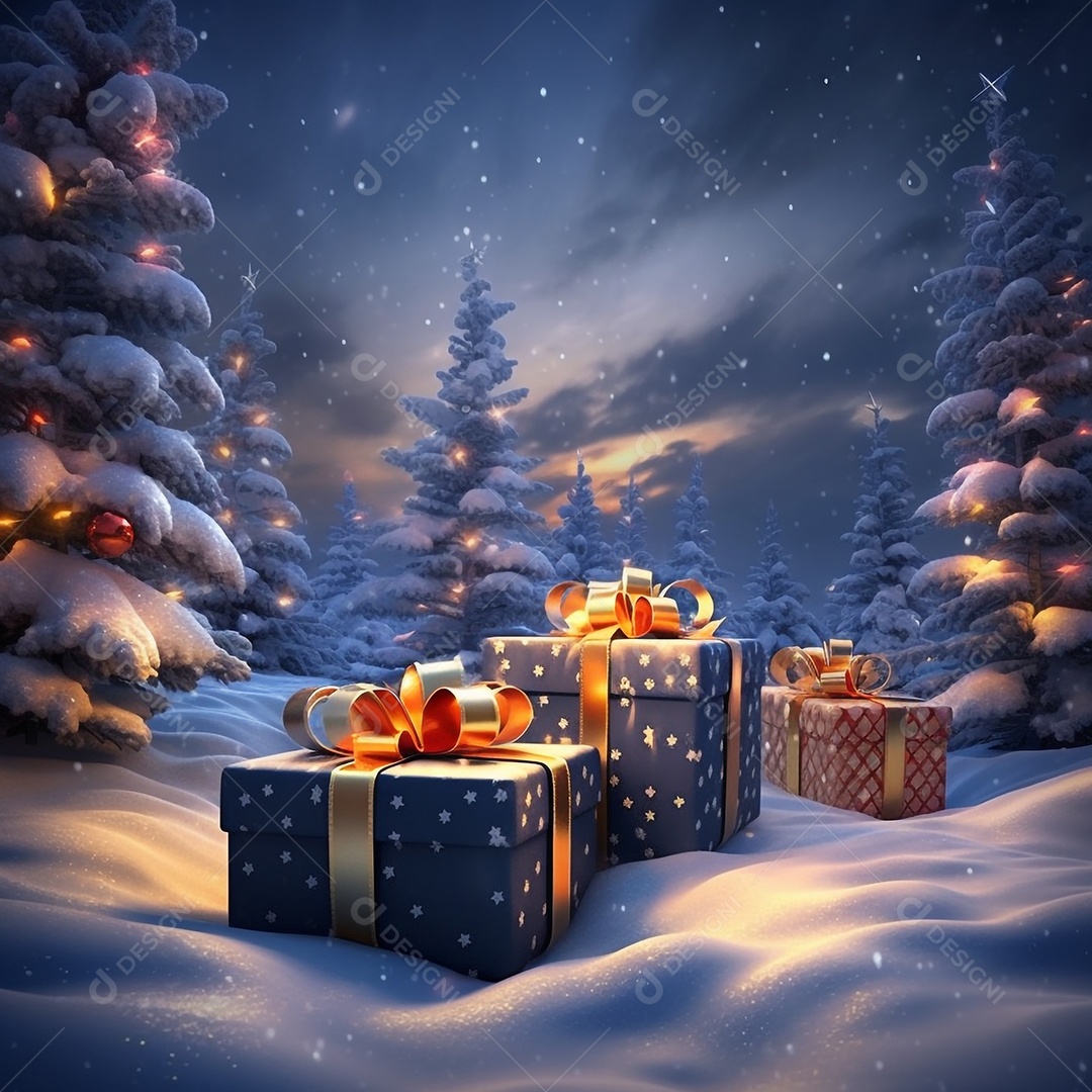 Presentes para o natal sobre a neve com árvore