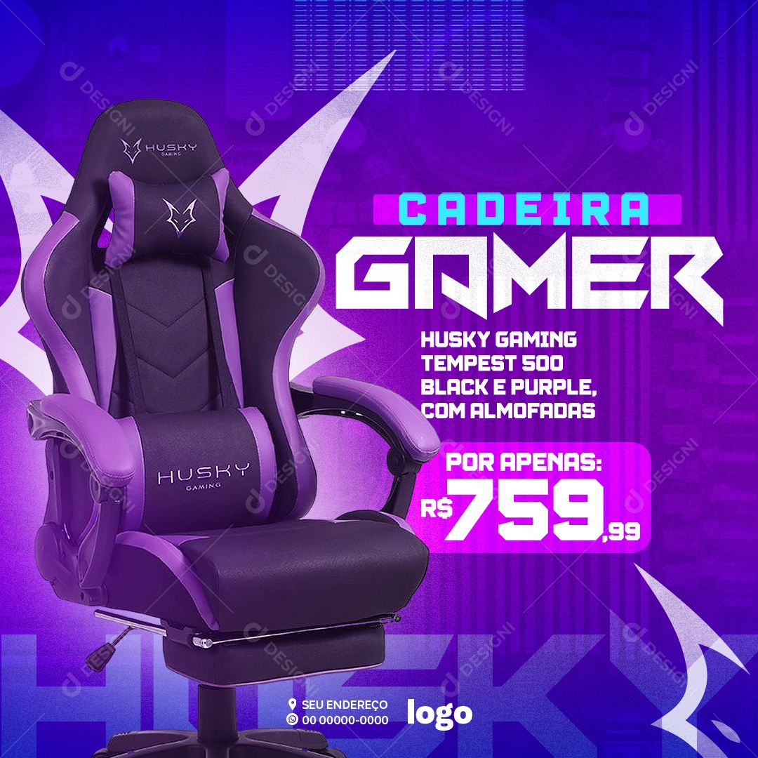 Informática Cadeira Gamer Husky Gaming Tempest 500 Black e Purple com Almofadas Social Media  PSD Editável