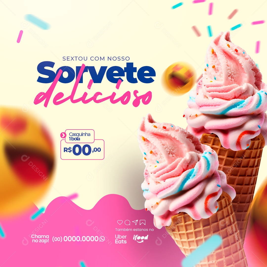 Sorveteria Sextou com Nosso Sorvete Delicioso Social Media PSD Editável