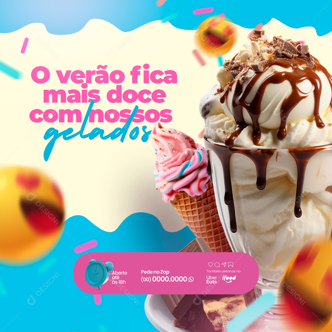 Sorveteria O Verão Fica Mais Doce com Nossos Gelados Social Media PSD Editável