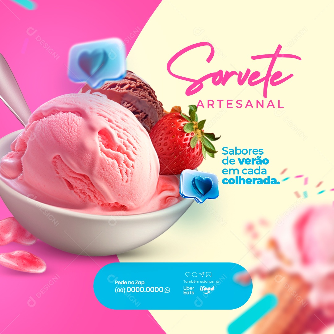 Sorveteria Sorvete Artesanal Sabores de Verão em Cada Colherada Social Media PSD Editável