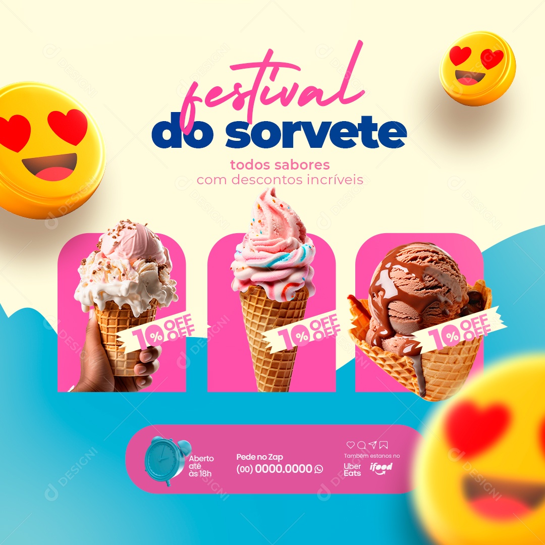 Sorveteria Festival de Sorvete Todos Sabores com Descontos Incríveis 10% Off Social Media PSD Editável