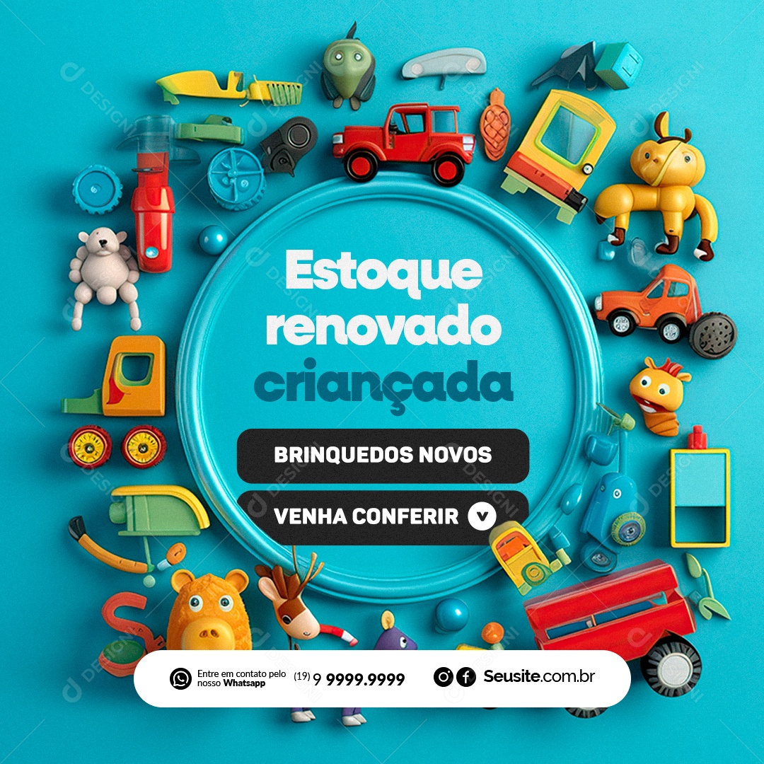 Estoque Renovado Loja de Brinquedos Venha Conferir Social Media PSD Editável