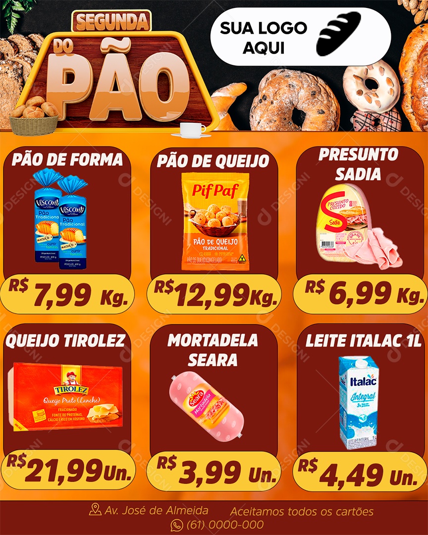 Encarte Semana do Pão de Forma Pão de Queijo Presunto Sádia Queijo Tirolez Mortadela Seara Leite Italac Social Media PSD Editável
