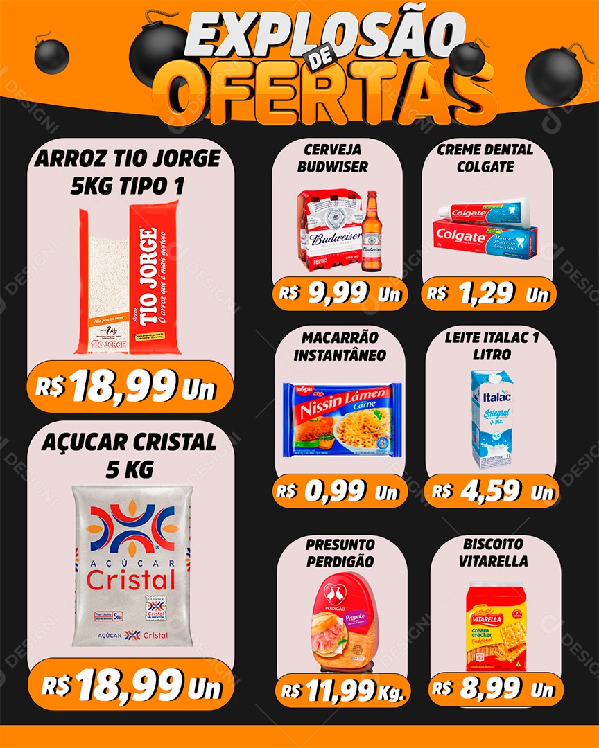Encarte Explosão de Ofertas Arroz Tio Jorge Cerveja Budweiser Creme Dental e Outros Social Media PSD Editável