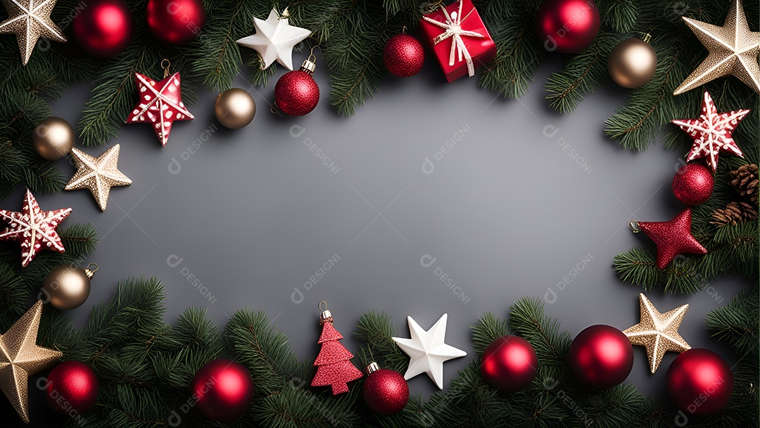 Fundo de Natal com ramos de abeto. enfeites vermelhos e brancos e luzes de guirlanda