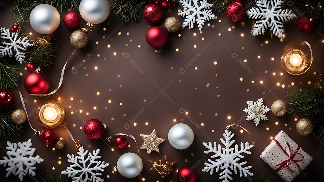 Fundo de Natal ou Ano Novo com ramos de abeto. bolas douradas e luzes bokeh