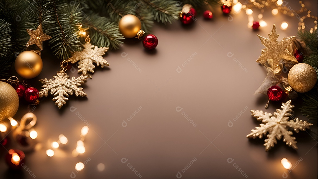 Decoração de Natal em fundo de madeira com luzes bokeh. Vista do topo