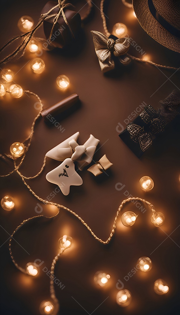 Decoração de Natal em fundo de madeira com luzes bokeh. Vista do topo