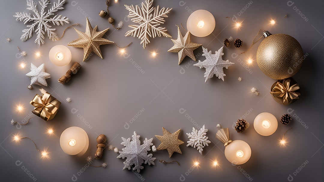 Decoração de Natal em fundo de madeira com luzes bokeh. Vista do topo