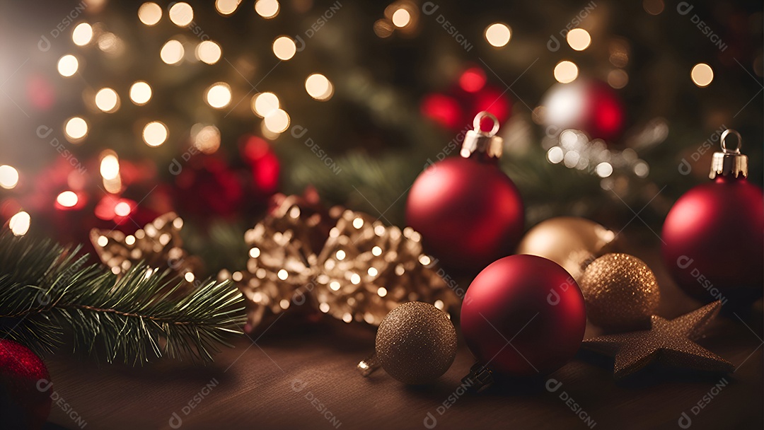 Decoração de Natal em fundo de madeira com luzes bokeh. Vista do topo