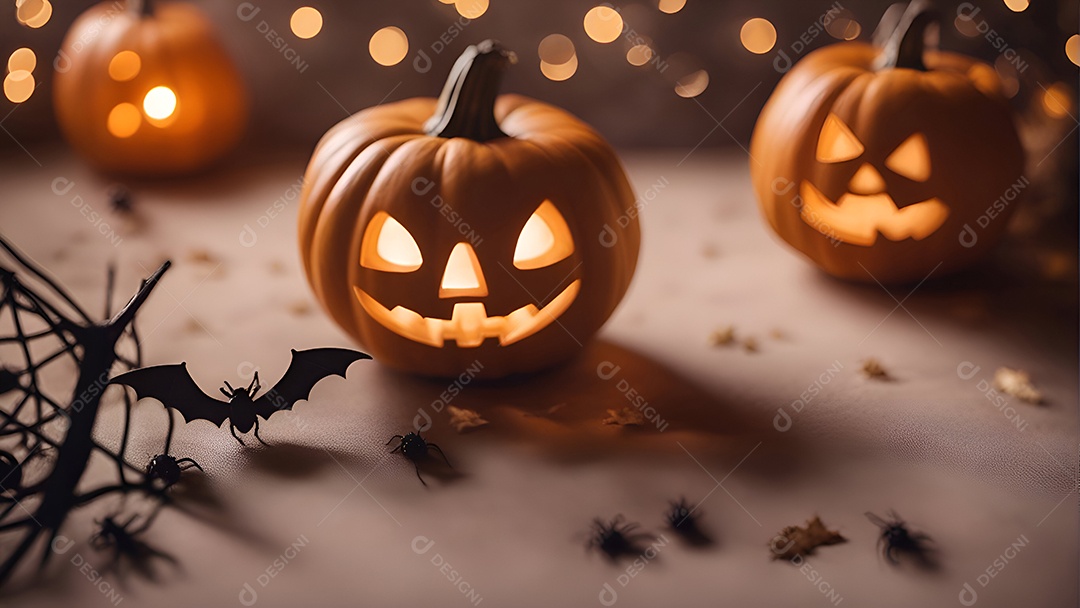 Abóbora de Halloween e morcegos em um fundo escuro. Conceito de Halloween.