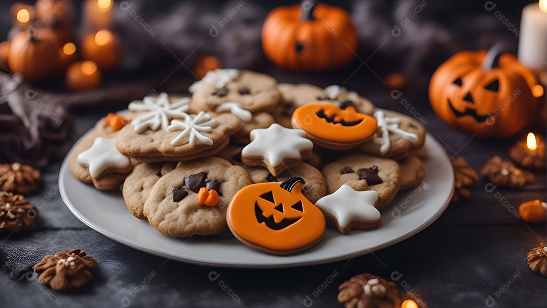 Abóbora de Halloween e morcegos em um fundo escuro. Conceito de Halloween.