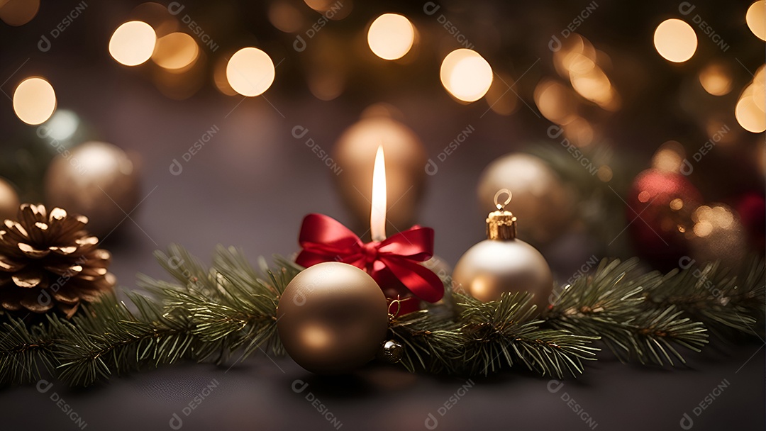 Decoração de Natal em fundo de madeira com luzes bokeh. Foco seletivo.