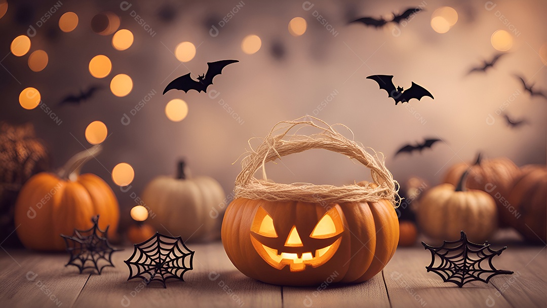 Fundo de Halloween com abóboras. morcegos e decorações em fundo cinza