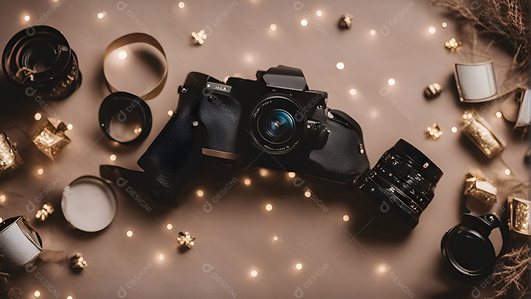 Decoração de Natal em fundo de madeira com luzes bokeh.