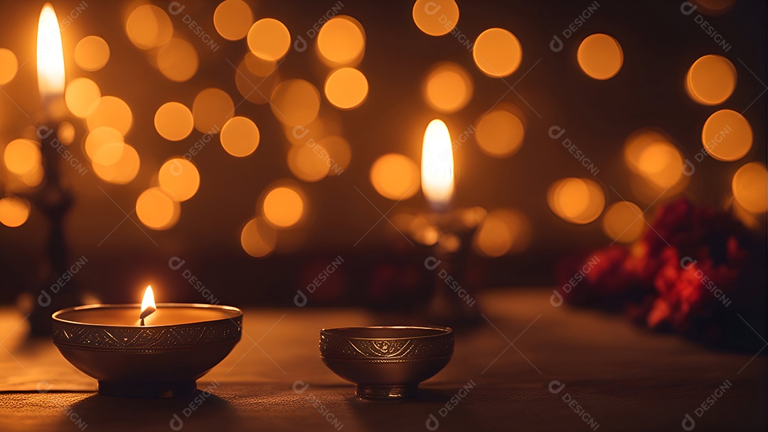 Lâmpadas diya coloridas acesas durante a celebração do Diwali na Índia