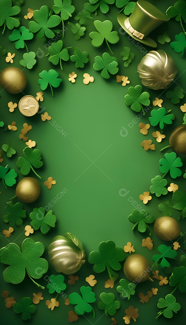 Fundo do Dia de São Patrício com ovos de ouro. trevo e moedas de ouro