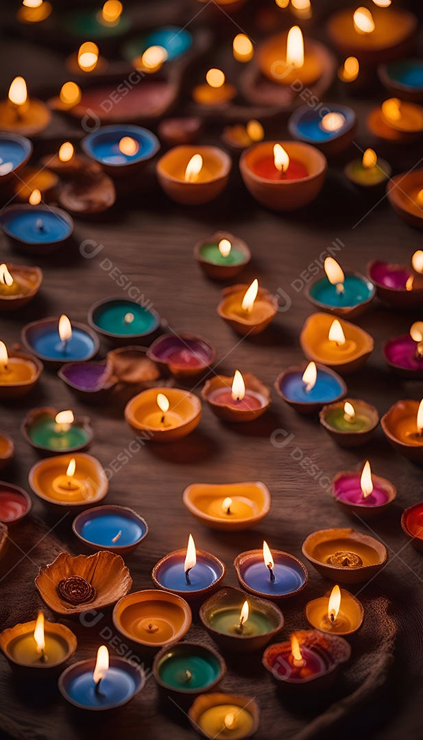 Lâmpadas Diwali diya acesas em rangoli coloridos. Festival hindu de luzes.