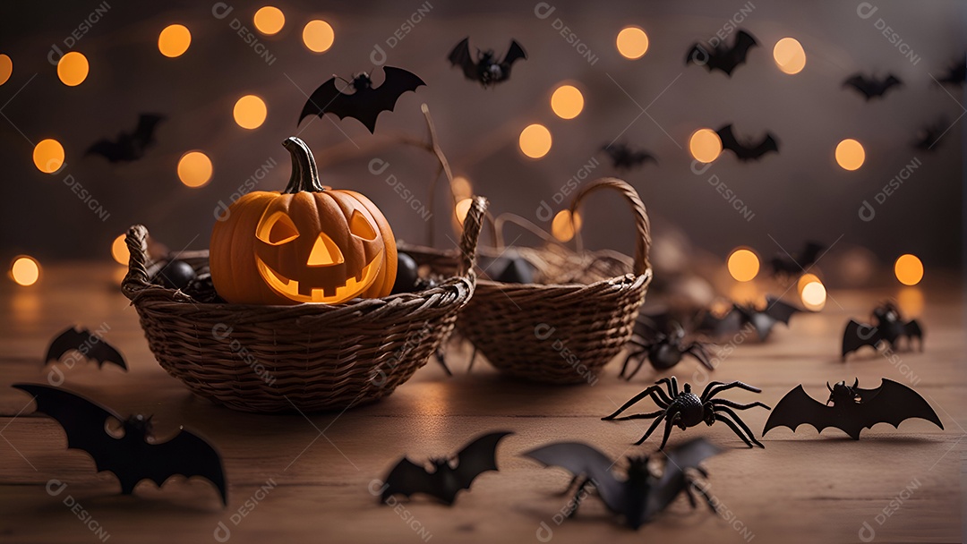 Abóboras de Halloween com aranhas e morcegos em fundo bokeh