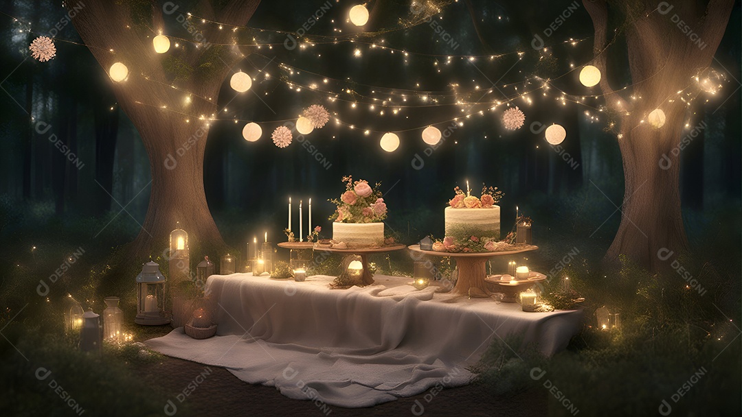Decoração de mesa de casamento com velas e luzes na floresta.