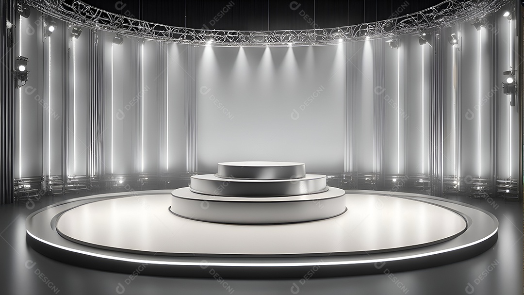 Pódio e iluminação no auditório. Renderização 3D.