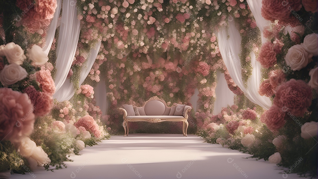 Arco de casamento com flores rosa no quarto. Renderização 3D