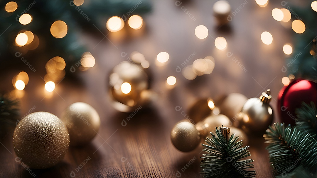 Decoração de Natal em fundo de madeira com luzes bokeh. Vista do topo