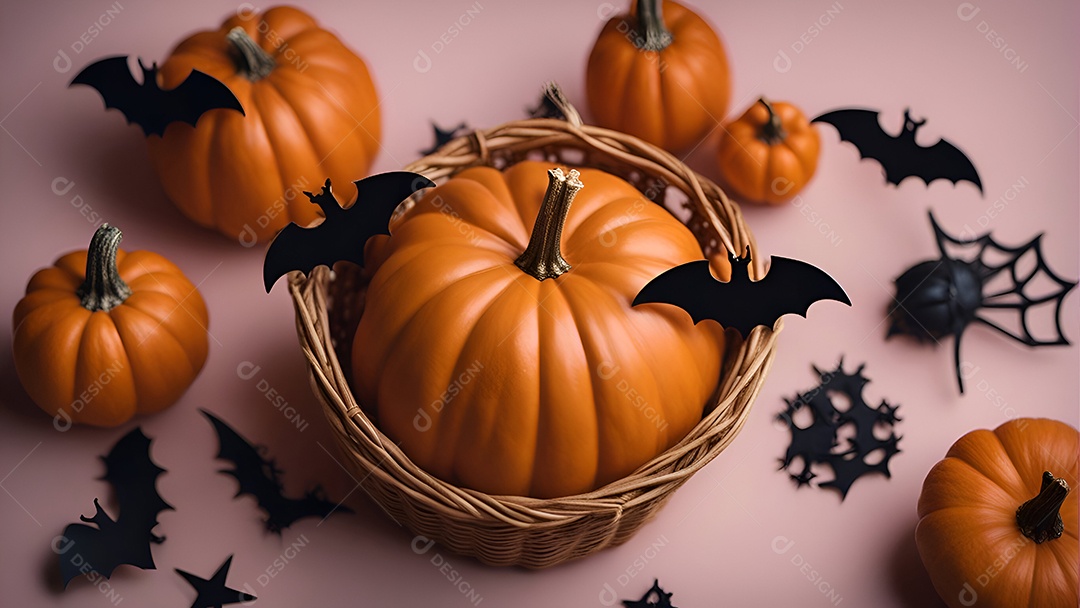 Abóboras e morcegos de Halloween em uma cesta em um fundo roxo