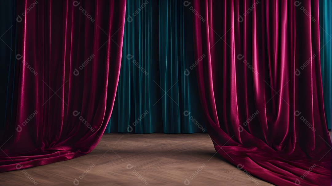 Cortinas vermelhas e sofá preto na sala. Renderização 3D.