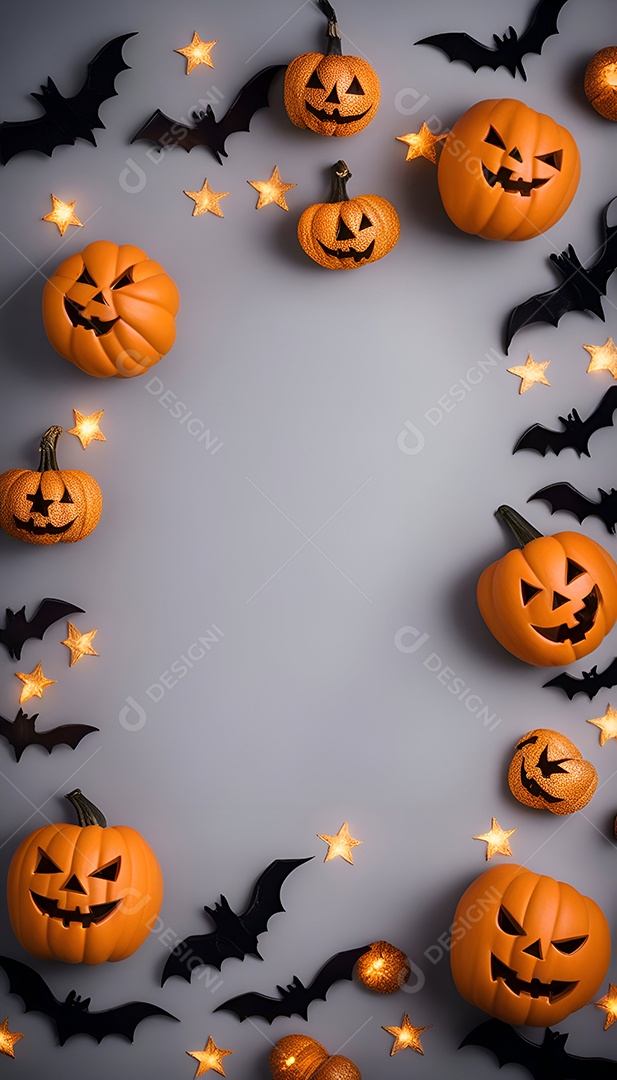 Abóboras de Halloween em cesta com morcegos e aranhas em fundo rosa