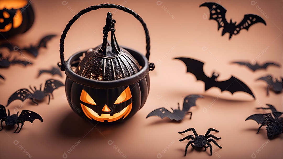 Abóboras e morcegos de Halloween em uma cesta em um fundo isolado