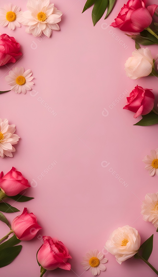 Composição de flores. Moldura feita de rosas em fundo rosa. Deitado plano. vista do topo