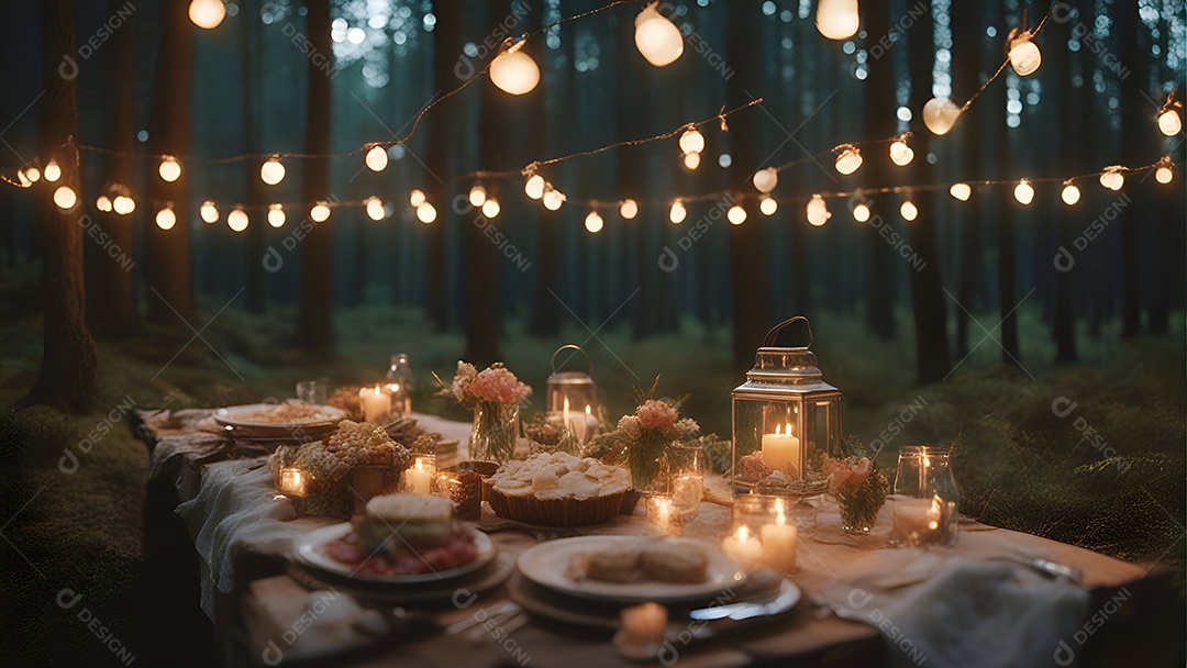 Decoração de mesa de casamento com velas e luzes na floresta.