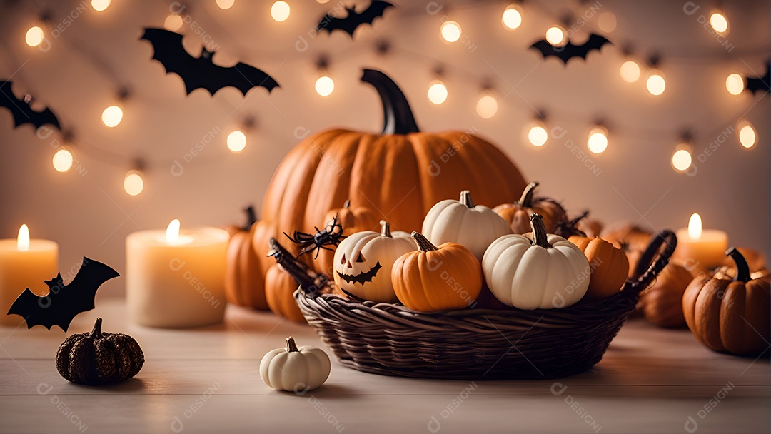 Fundo de Halloween com abóboras. biscoitos e biscoitos de gengibre. Renderização 3D