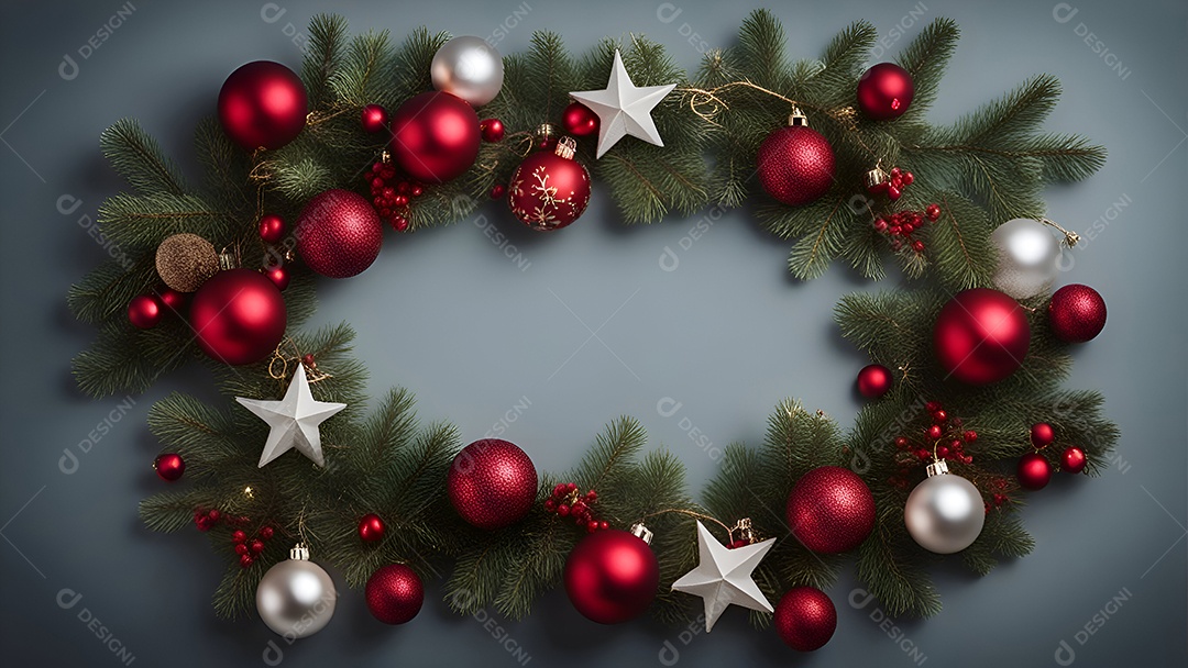 Galhos de árvores de Natal com enfeites dourados e vermelhos em fundo escuro