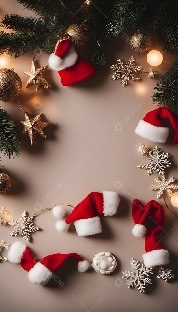 Galhos de árvores de Natal com enfeites dourados e vermelhos em fundo escuro