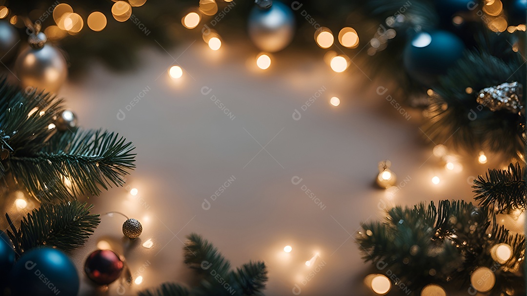 Galhos de árvores de Natal com enfeites dourados e vermelhos em fundo escuro