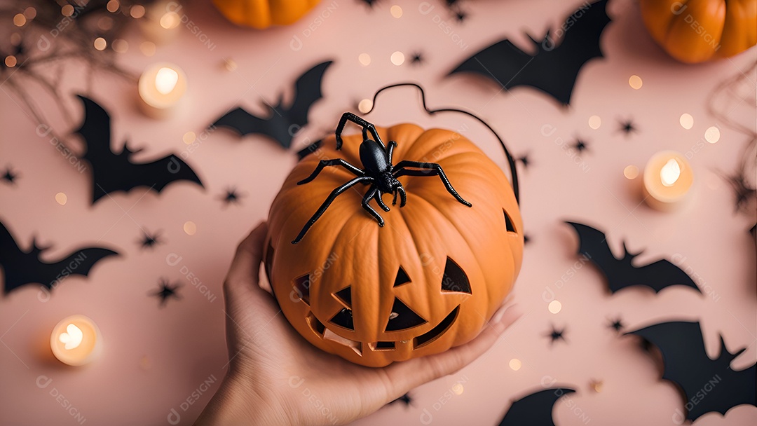 Visão recortada de mulher segurando abóbora de halloween em fundo rosa