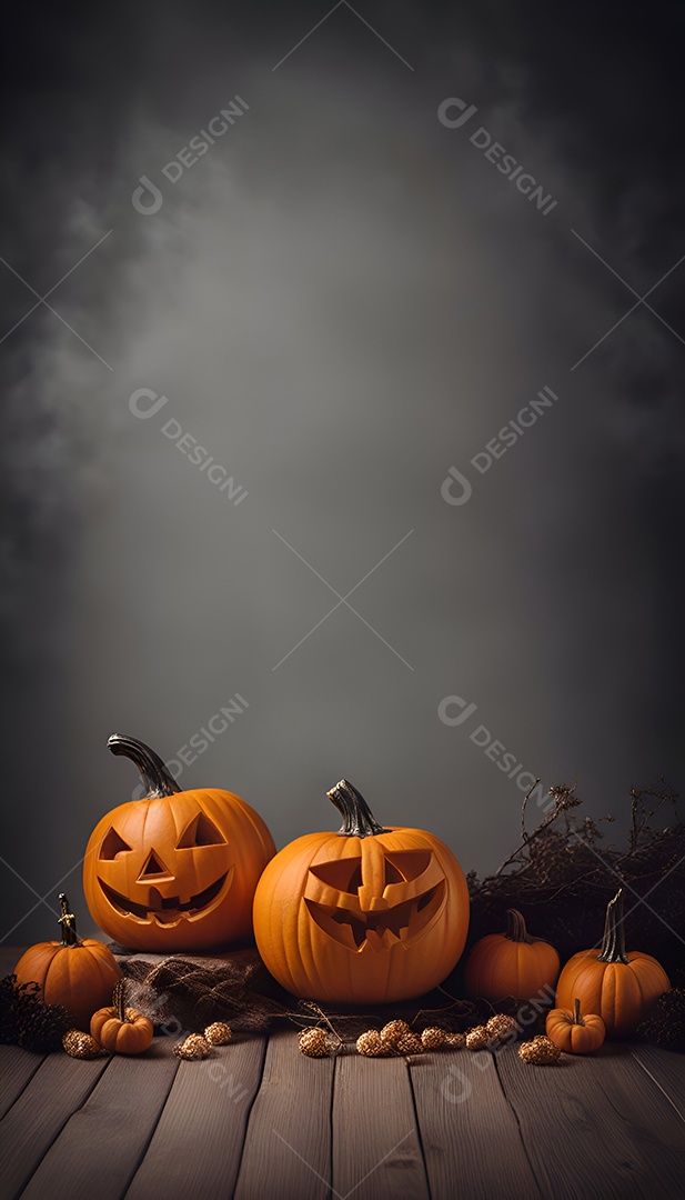 Fundo de Halloween com abóboras. morcegos e decorações em fundo cinza